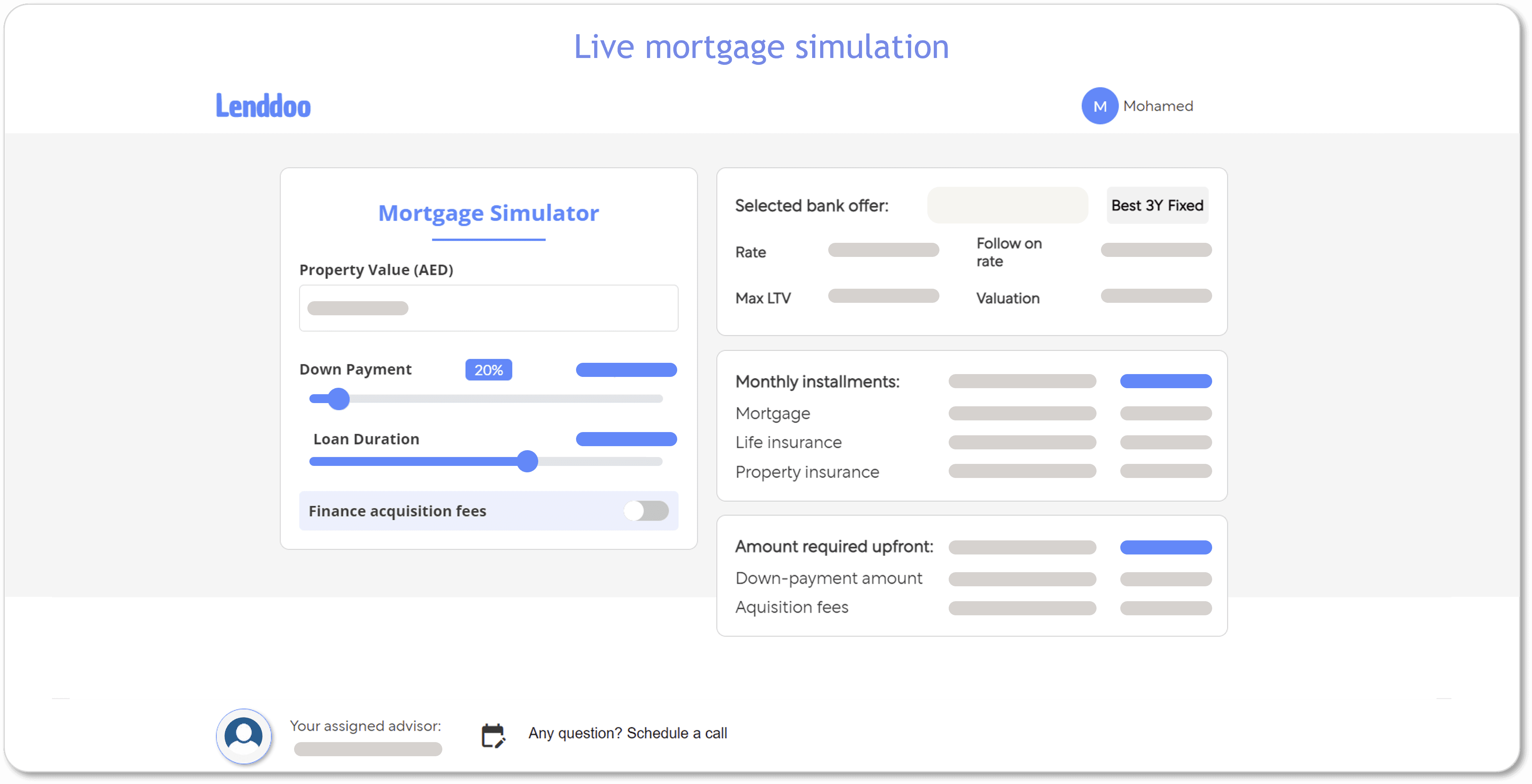 Live mortgage simulation — property value, down payment and monthly installments