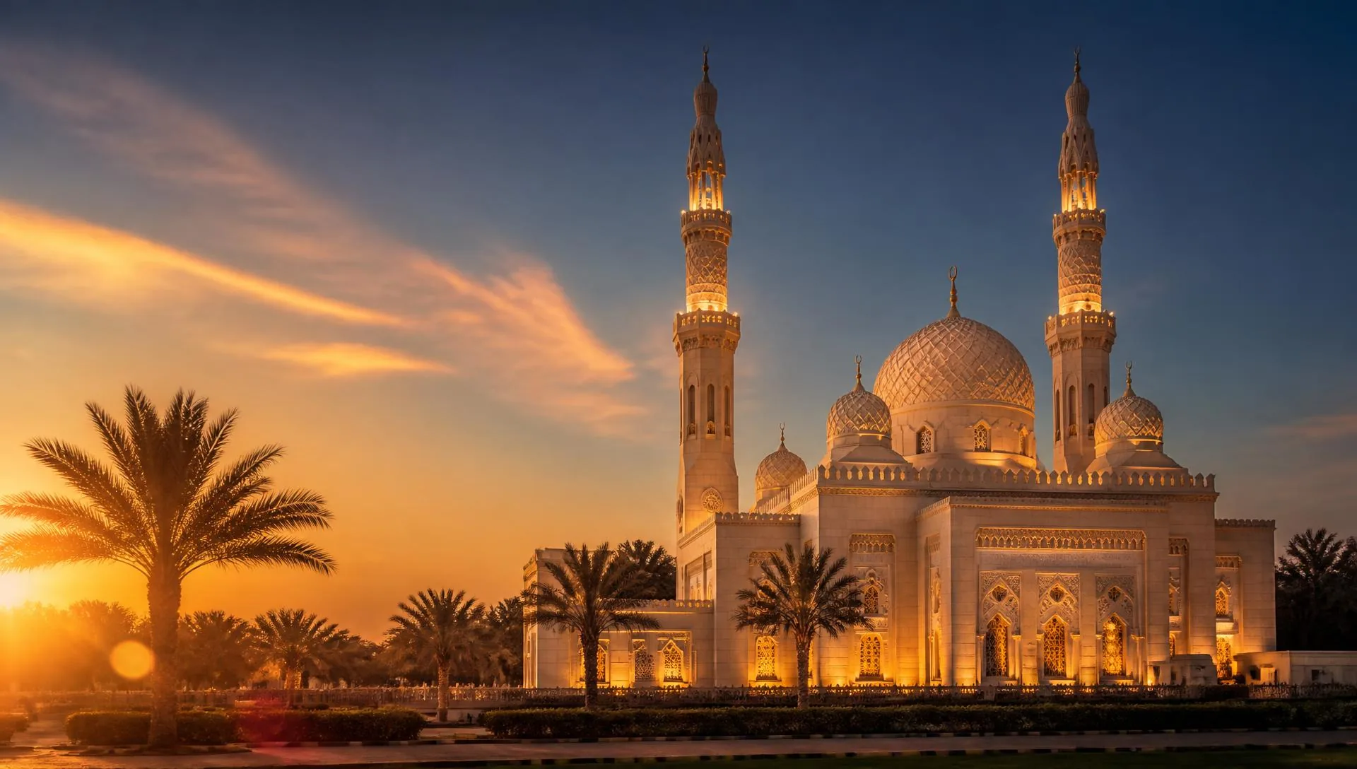 Jumeirah Mosque in Dubai at golden hour