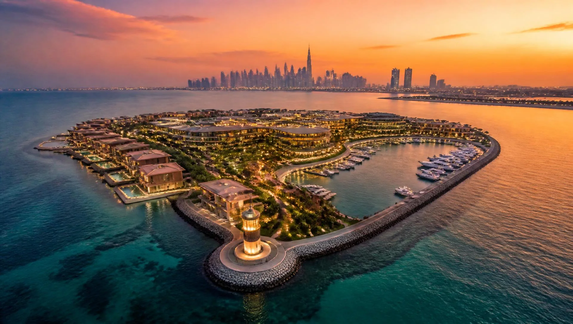 Jumeirah Bay Island in Dubai at sunset with the marina and lighthouse