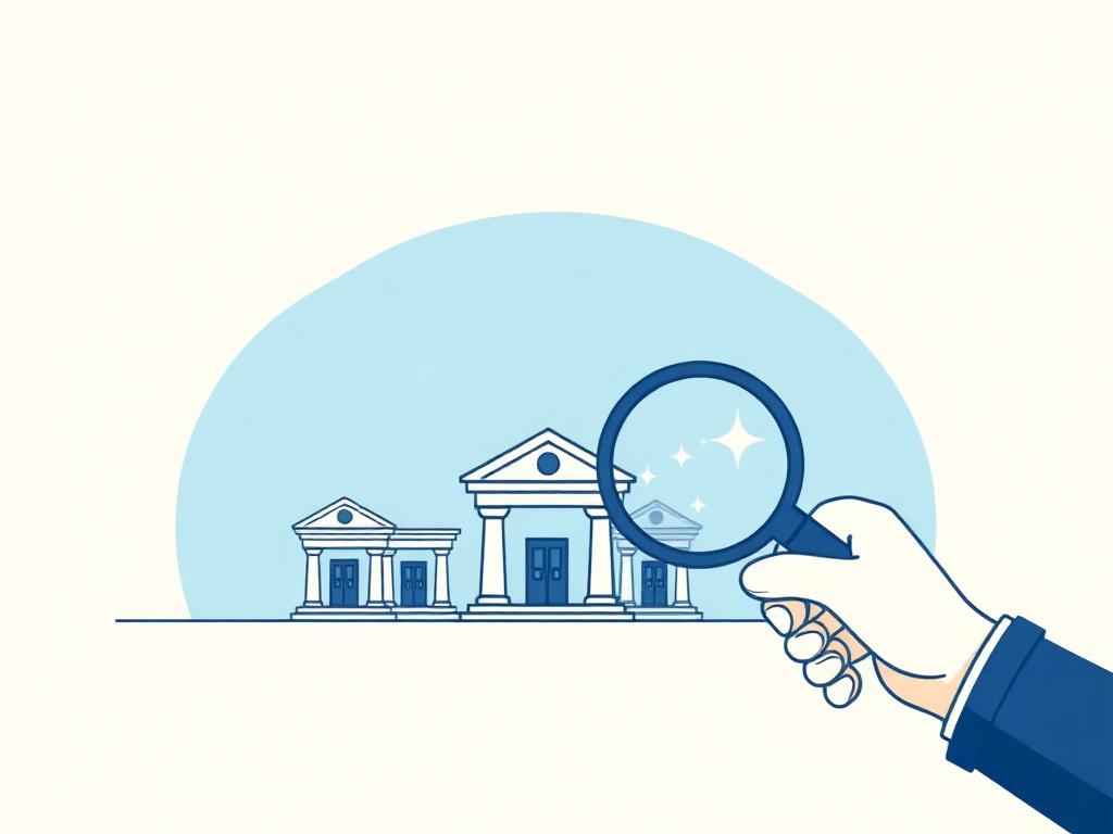 Pastel illustration of a magnifying glass comparing three banks