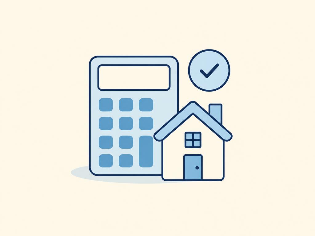 Pastel illustration of a calculator beside a house with an approval tick