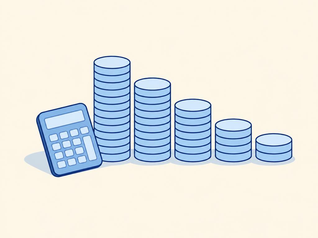 Pastel illustration of descending coin stacks beside a calculator