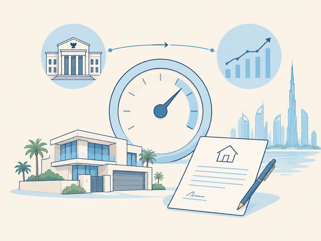 Pastel illustration of a Fed rate dial connected to a Dubai home and mortgage offer