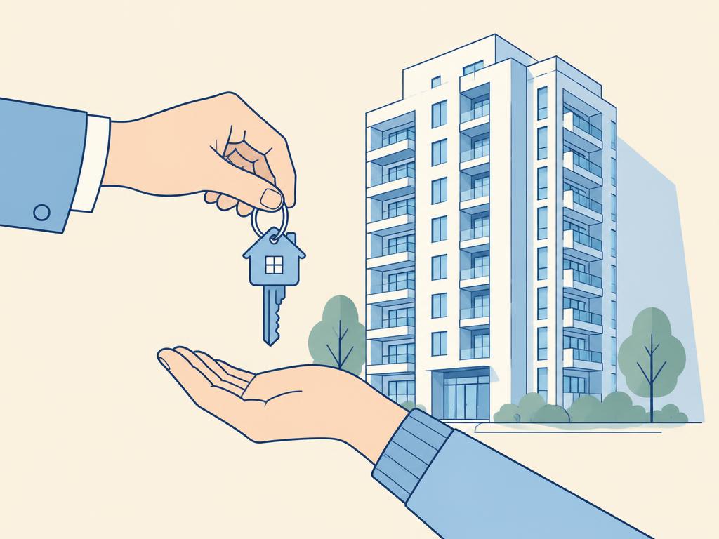 Pastel illustration of a house key handed over in front of a completed apartment tower