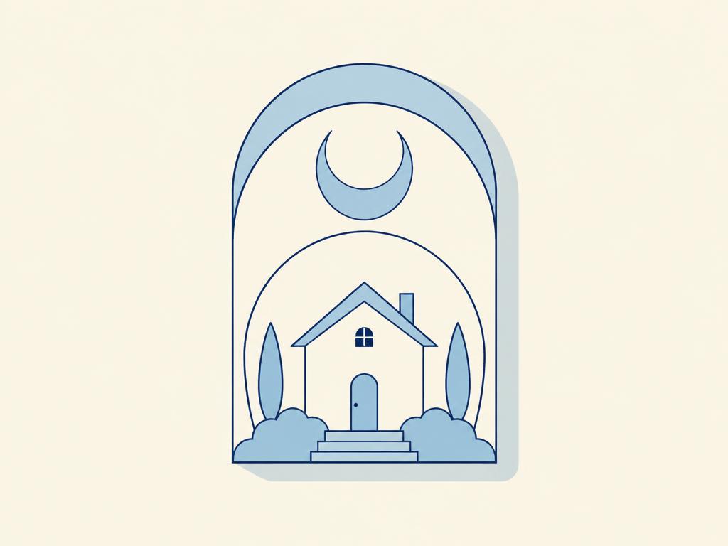 Pastel illustration of an arch and crescent framing a house
