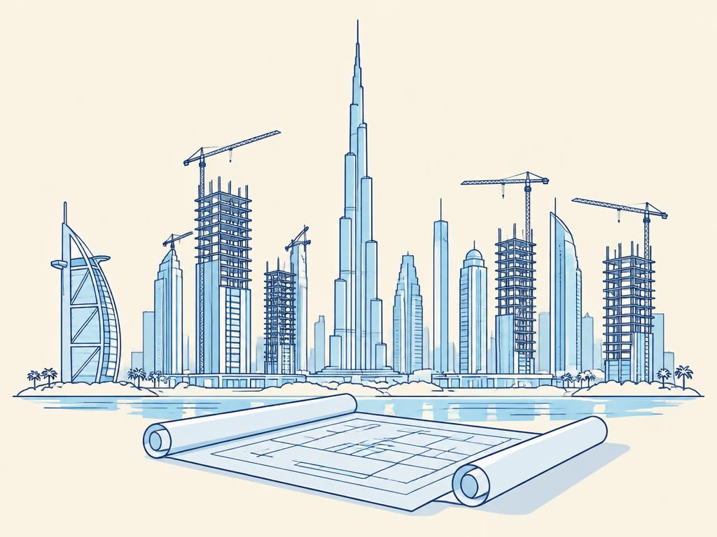 Pastel illustration of a Dubai skyline with cranes and a blueprint