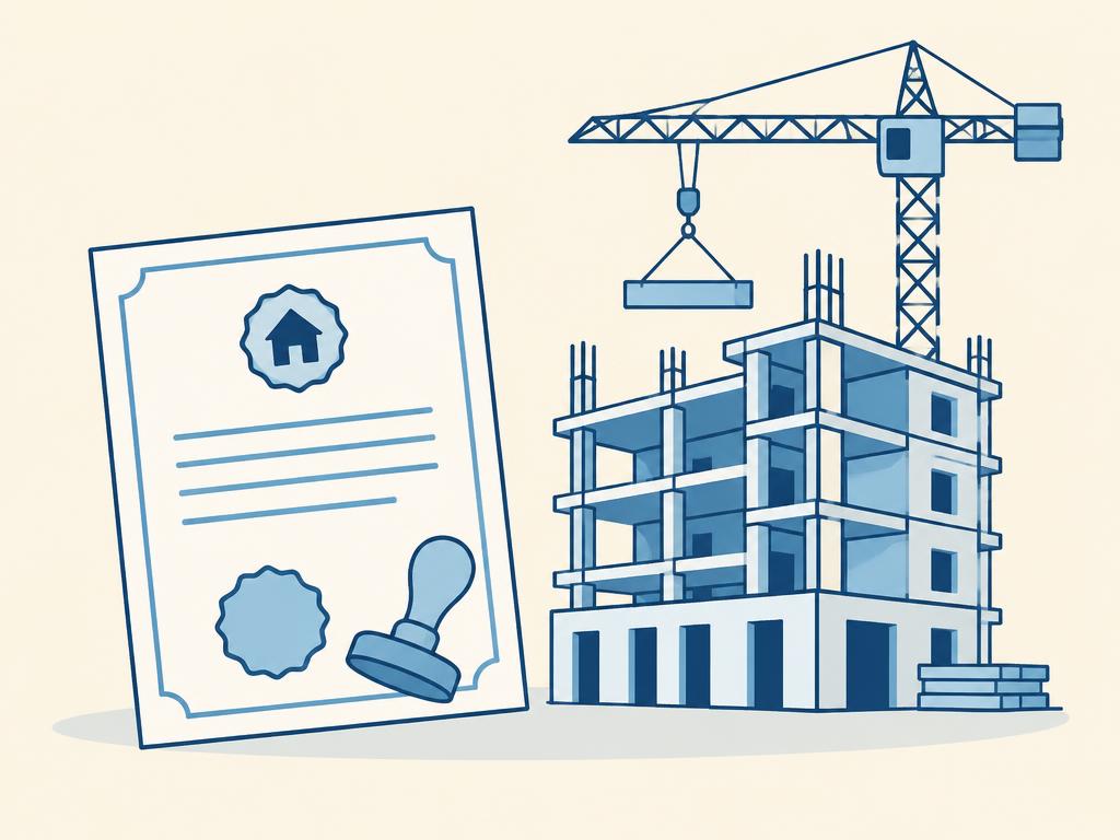 Pastel illustration of a stamped registration certificate beside a building under construction