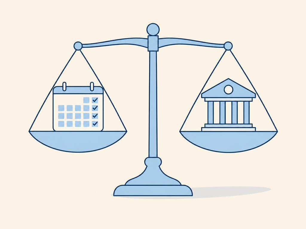 Pastel illustration of a scale weighing an instalment calendar against a bank