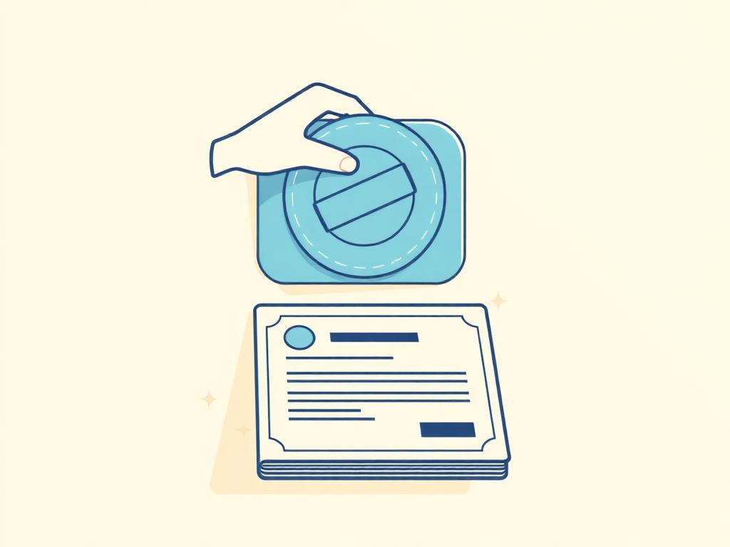 Pastel illustration of a hand stamping an approval on a certificate