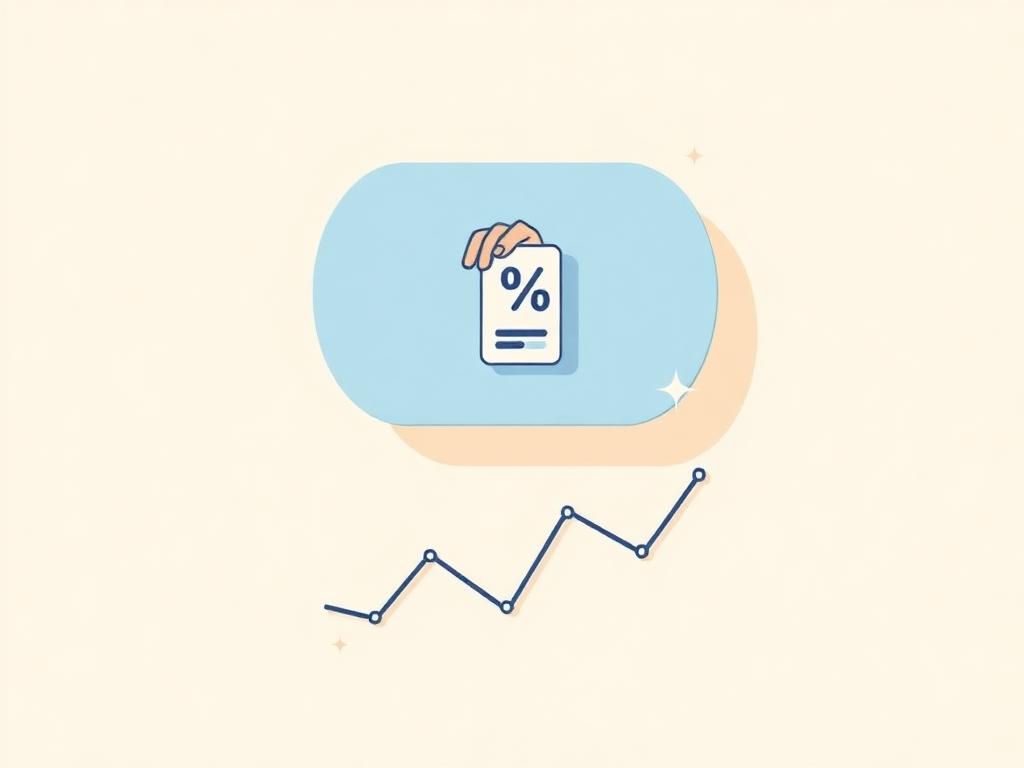 Pastel illustration of a hand holding a mortgage rate tag above a rate trend line