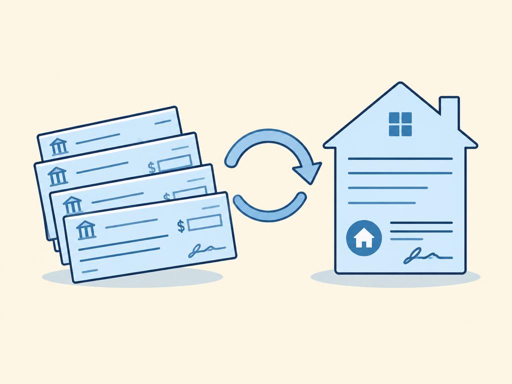 Pastel illustration of payment cheques turning into a single home loan document