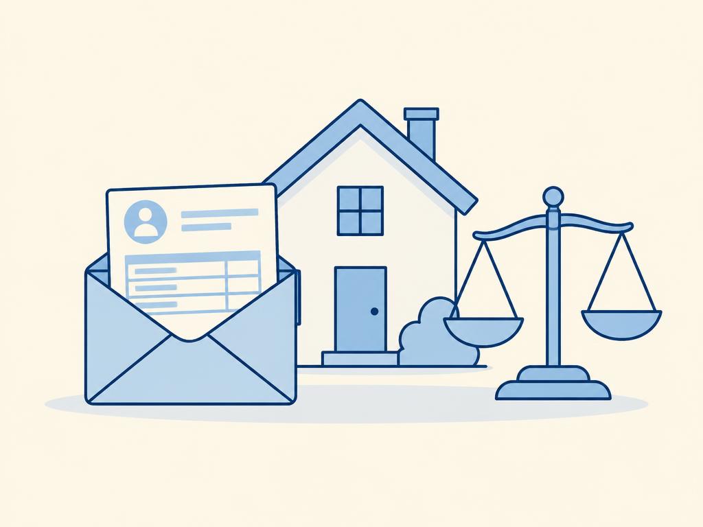 Pastel illustration of a payslip envelope beside a house and scales