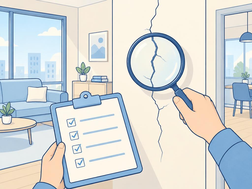 Pastel illustration of a magnifying glass inspecting a wall crack with a checklist
